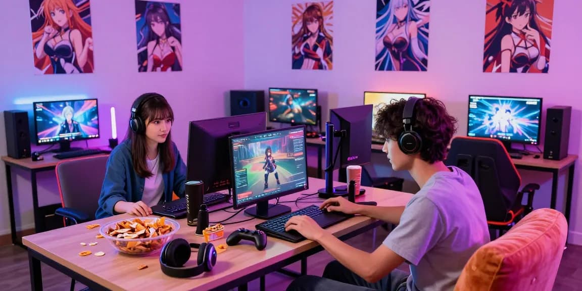Couple enjoying online ecchi games in a vibrant gaming lounge.