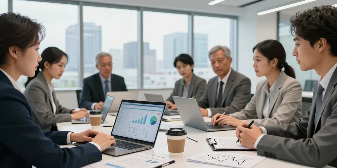 Square merchant cash advance discussions among business professionals in a modern office setting.