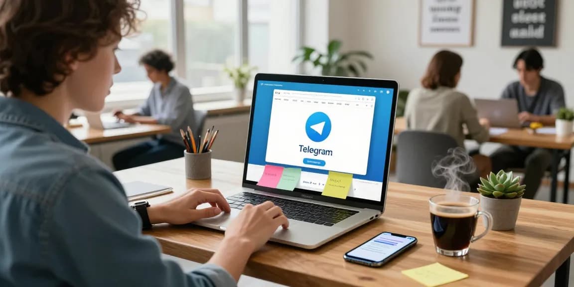 User accessing the Telegram Web Version on a laptop in a modern workspace, emphasizing collaboration and digital convenience.