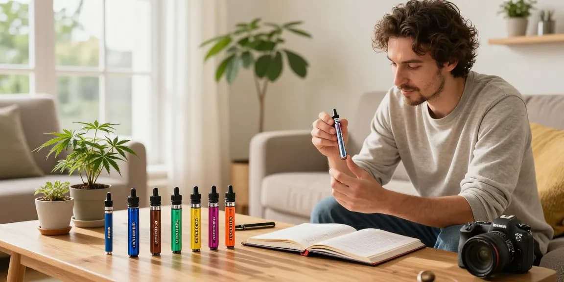 Engaged user exploring premium thc vapes uk in a natural wellness setting with hemp plants.