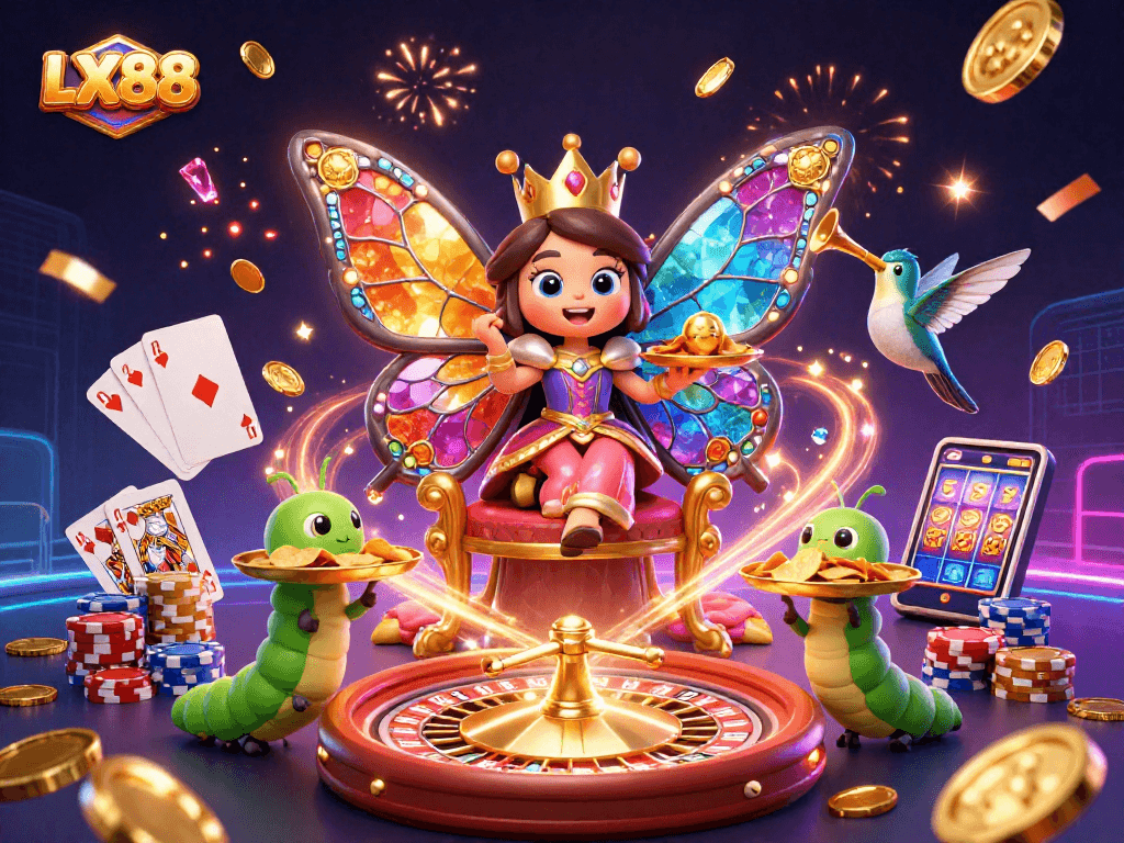 Experience exhilarating gaming at LX88 with vibrant characters and casino elements.