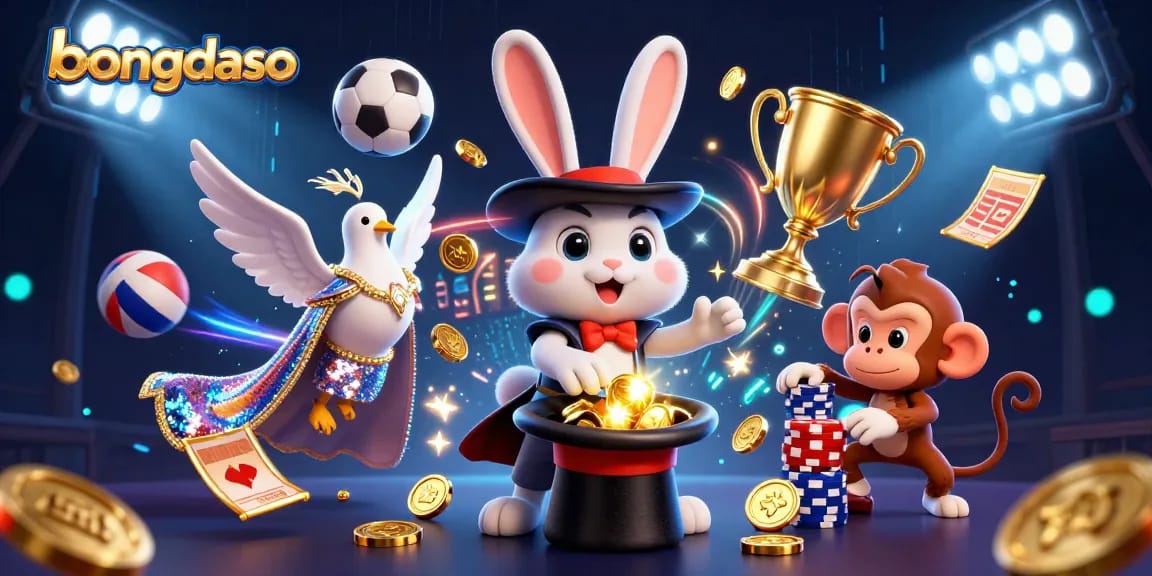 Bongdaso depicts a whimsical scene with a magician rabbit, glamorous dove, and monkey, all celebrating sports betting.