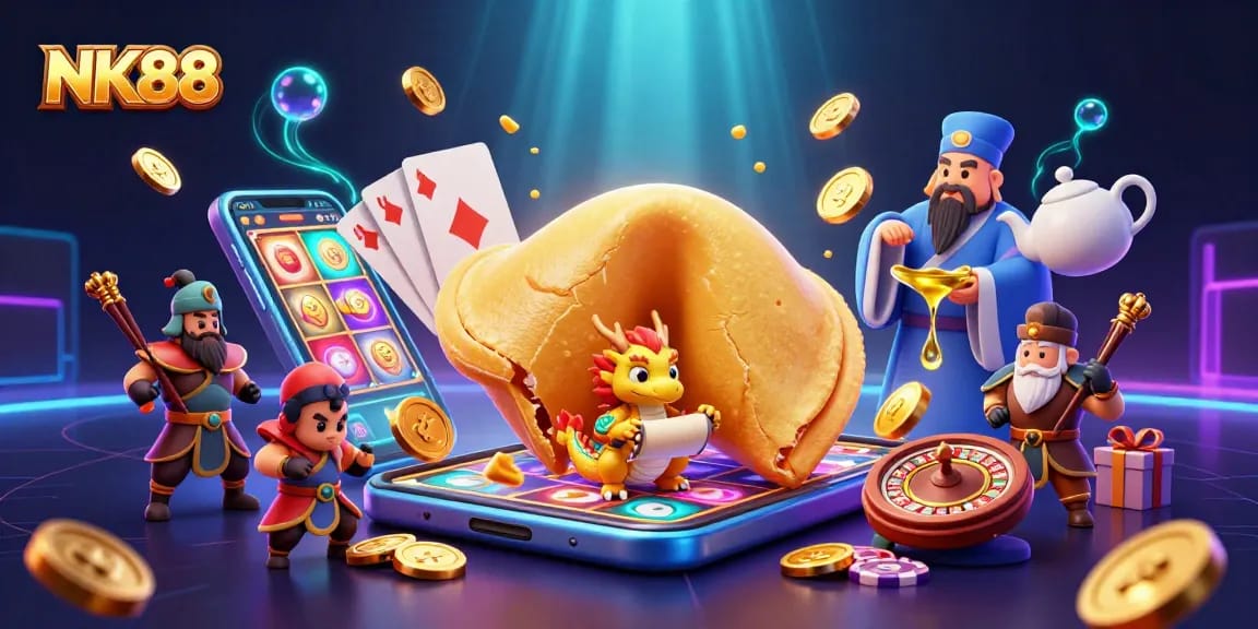 Experience thrilling wins at NK88 with vibrant illustrations of epic games and golden rewards.