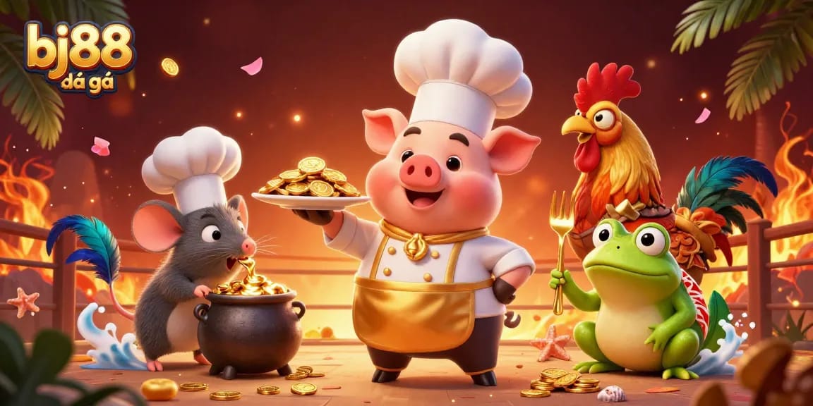 Experience bj88 đá gà action in a vibrant 3D illustration featuring pig chef, mouse, and frog critics.