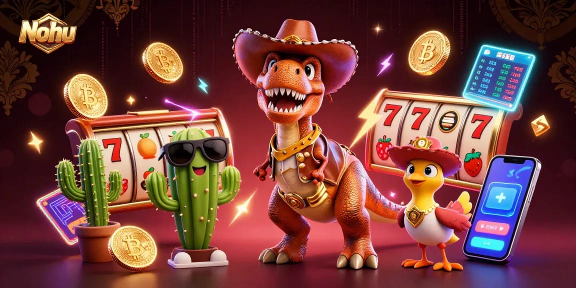 Nohu offers thrilling slot games with vibrant characters and animated casino elements throughout the scene.