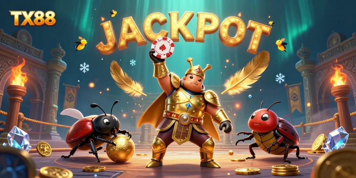 TX88 brings excitement with a victorious beetle lifting a poker chip in a dynamic online casino scene
