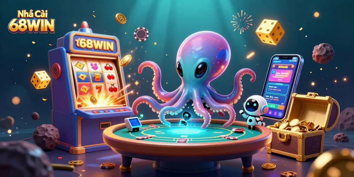 Experience the excitement at Nhà Cái 68WIN with an alien octopus at a holographic poker table amidst an explosion of casino elements.