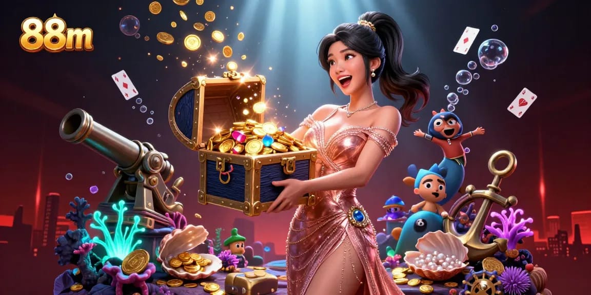 Experience the excitement of 88m casino with a stunning treasure scene featuring a joyful Asian woman and dynamic gaming elements.