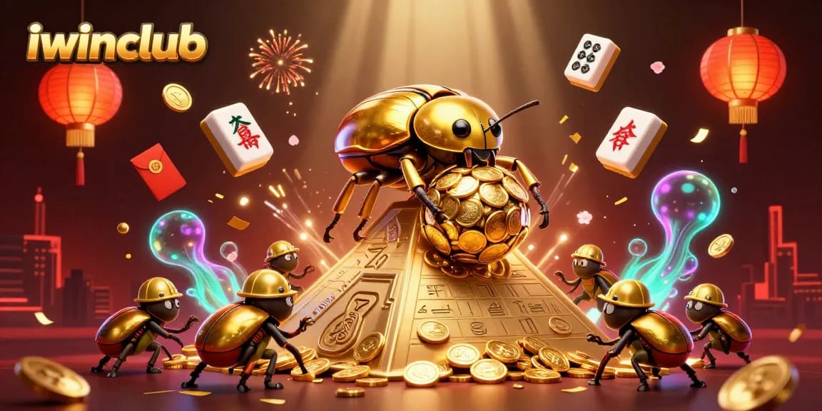 Experience excitement at iwinclub with a golden dung beetle rolling coins in a vibrant casino scene.