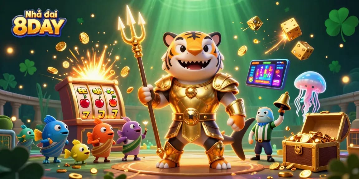 Engage with Nhà cái 8DAY in this vibrant 3D casino scene featuring exciting jackpot elements and dynamic characters.