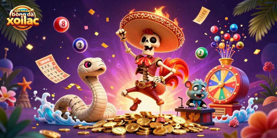 Experience xem trực tiếp bóng đá xoilac with vibrant characters celebrating around gold coins and lottery elements.