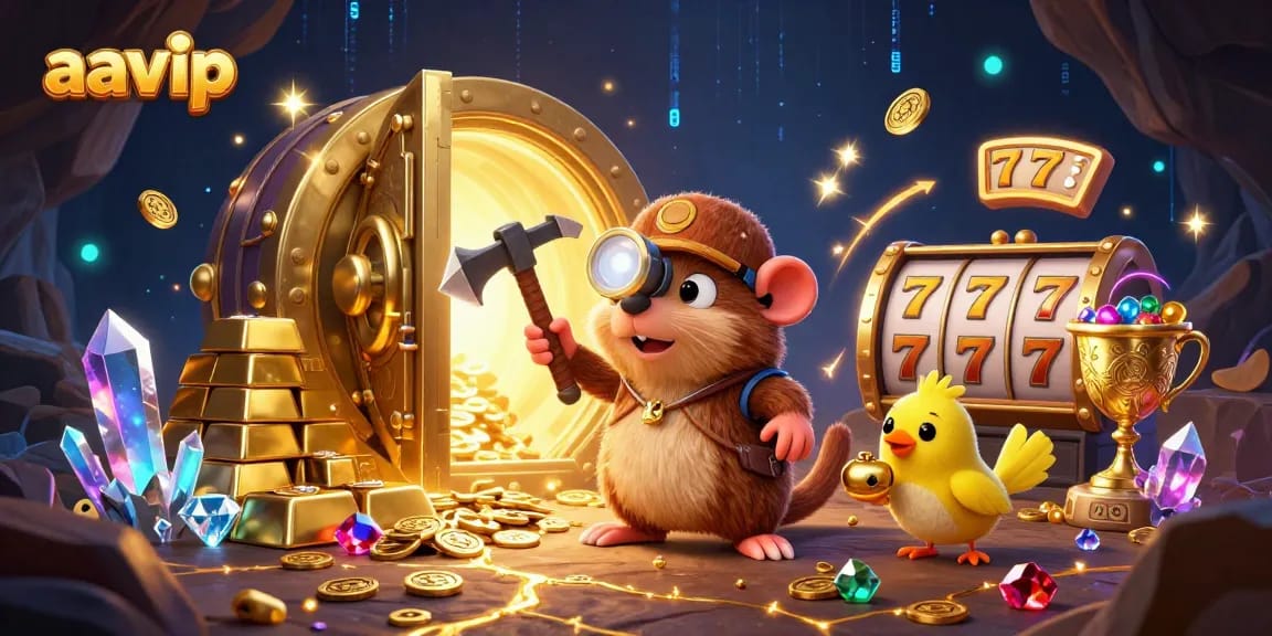 AAVIP offers exhilarating gameplay with a vibrant treasure scene including characters, gems, and golden treasures.