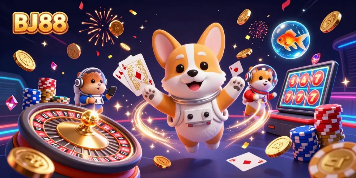 BJ88 engages players in thrilling casino action with a vibrant 3D illustration of games and characters.