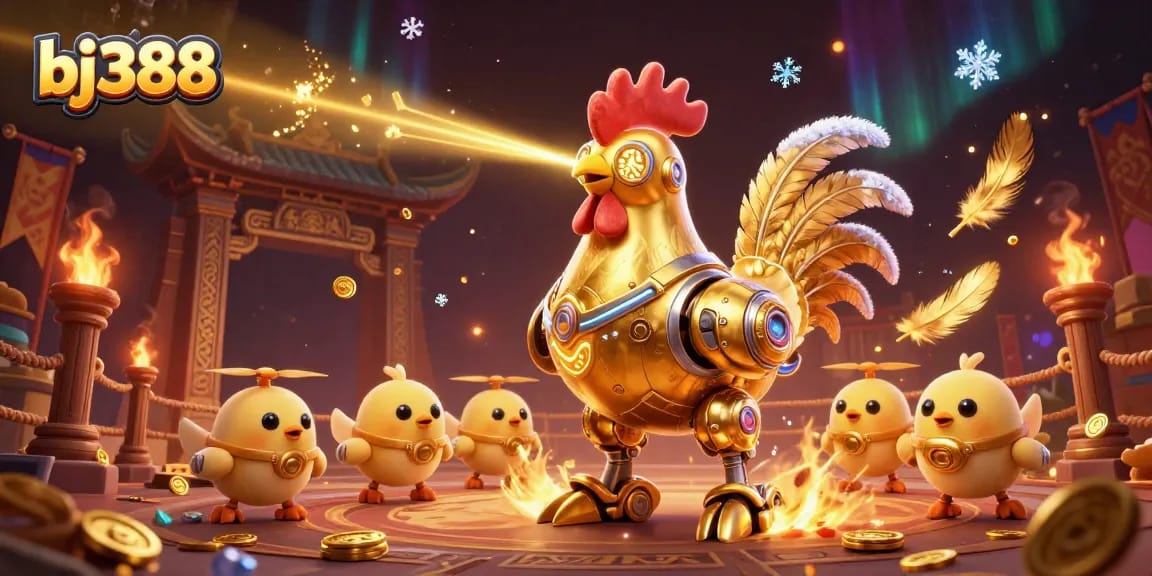 Place your bets with bj388 in an epic casino showdown featuring a golden rooster robot.