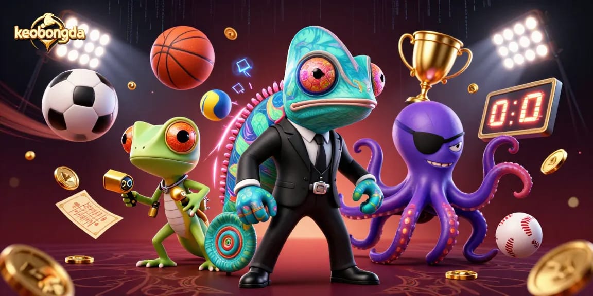 Experience keobongda's thrilling sports betting dynamics with cartoon characters amid vibrant gambling elements.