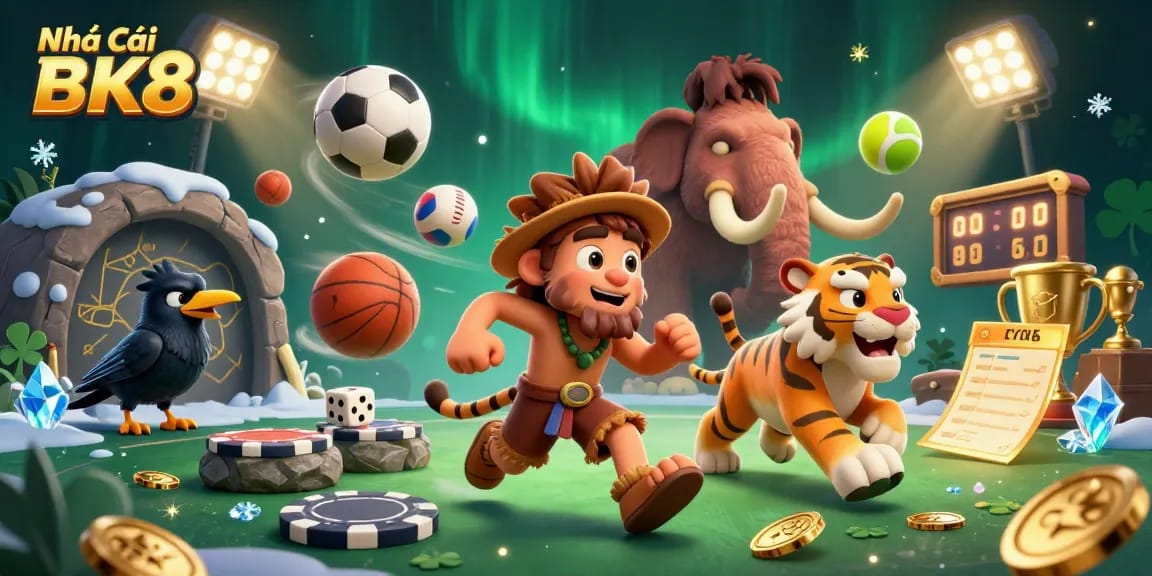 Experience the dynamic action in Nhà Cái BK8's 3D casino world featuring cavemen and sports betting elements.