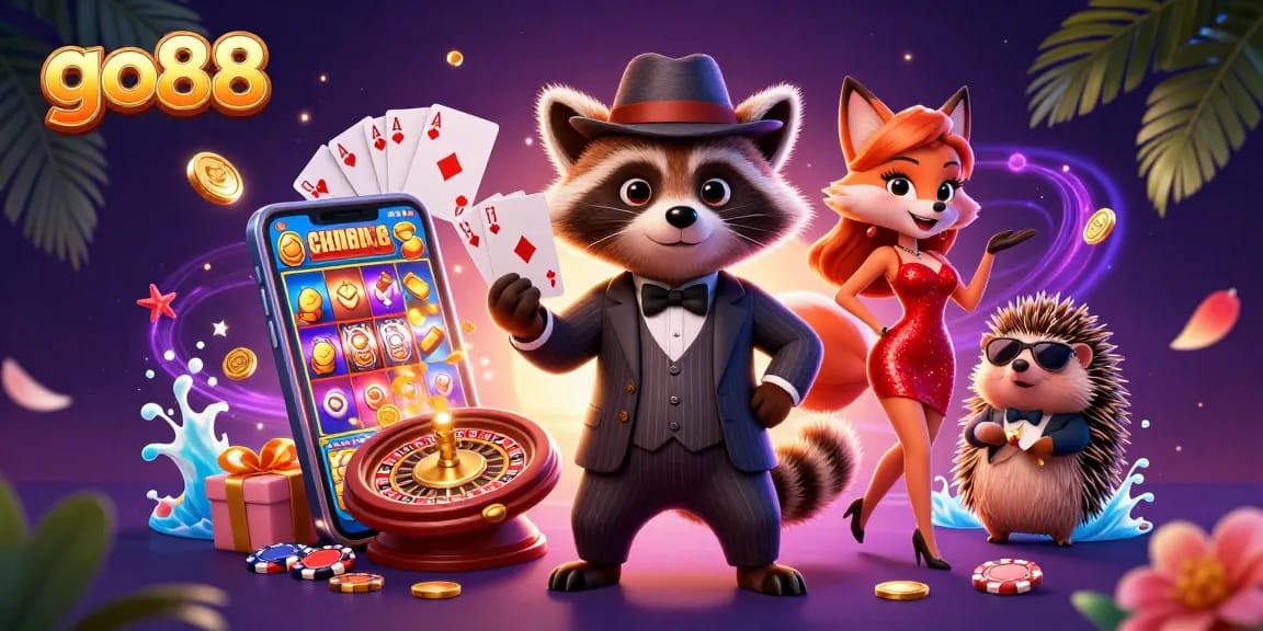 Experience thrilling gaming action at go88 with a raccoon holding a royal flush amidst a vibrant casino scene.