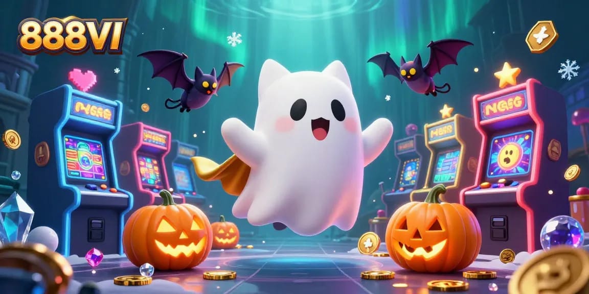 Experience thrilling gaming adventures at 888VI with friendly ghost cat and vampire bat at a haunted casino.