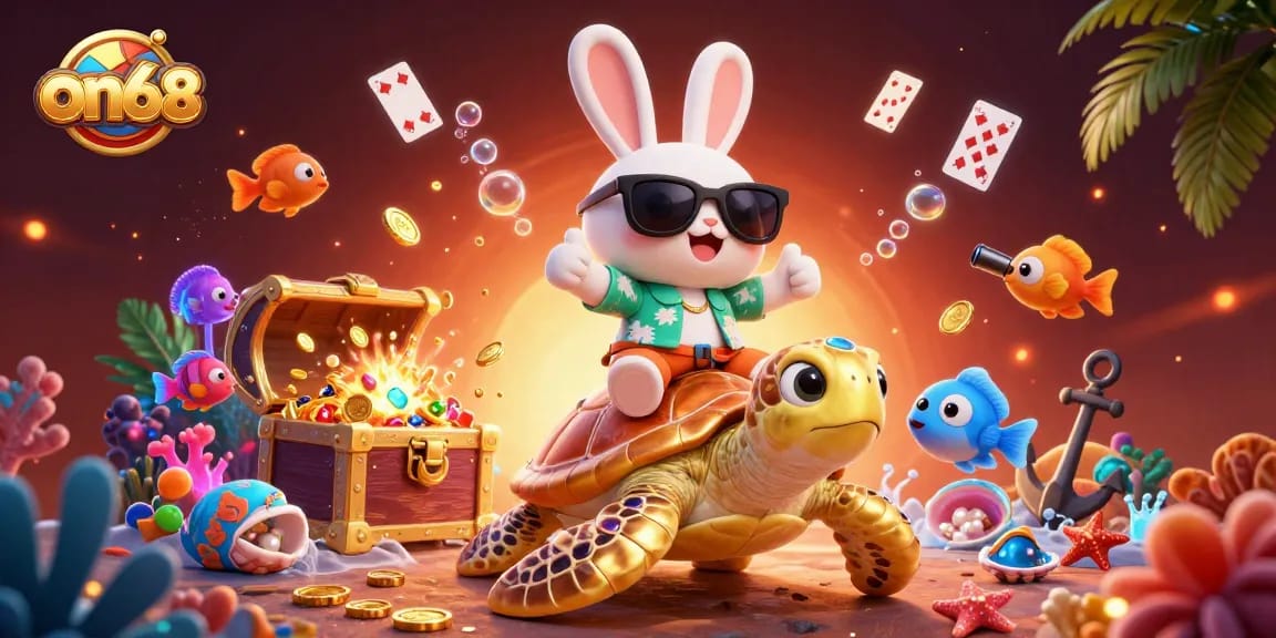 Play and win at on68 with a vibrant 3D scene featuring a lucky rabbit and golden turtle in an underwater casino adventure.