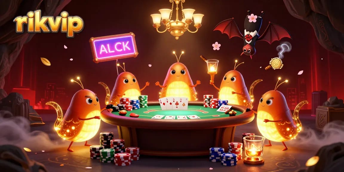 Join the fun at rikvip with this vibrant casino scene, featuring a glowing team of worms and poker action!
