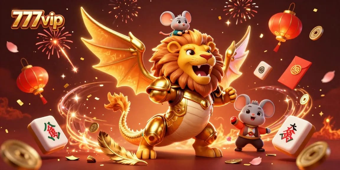 Experience thrilling wins at 777vip with a victorious chimera and festive gambling elements in a vibrant 3D illustration.