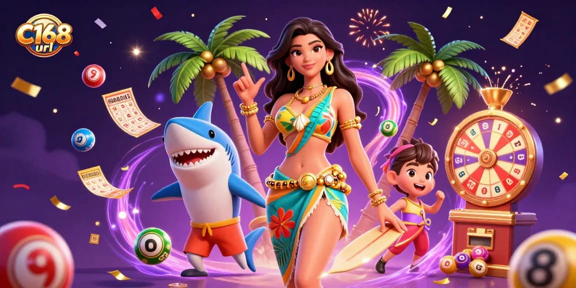 Experience the excitement of C168 url with vibrant lottery elements and a tropical casino atmosphere.