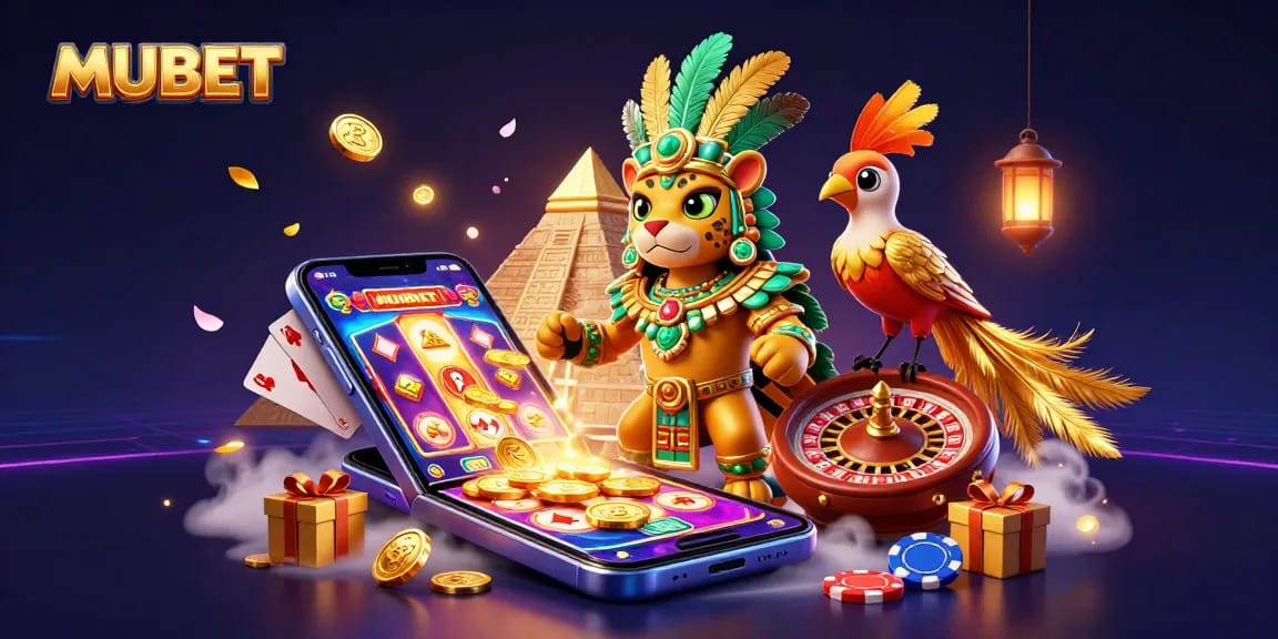 Engage with MUBET's vibrant online slots in this dynamic casino-themed illustration