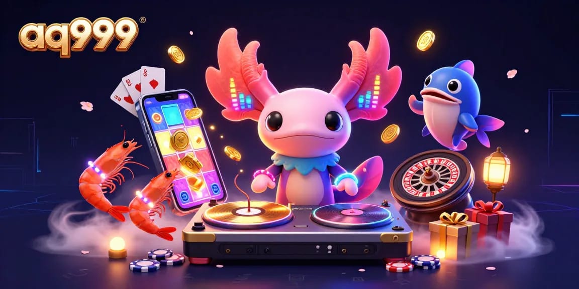 Join the action at aq999 with vibrant characters like a neon axolotl DJ spinning tunes and golden coins spilling from a smartphone in this casino-themed illustration.