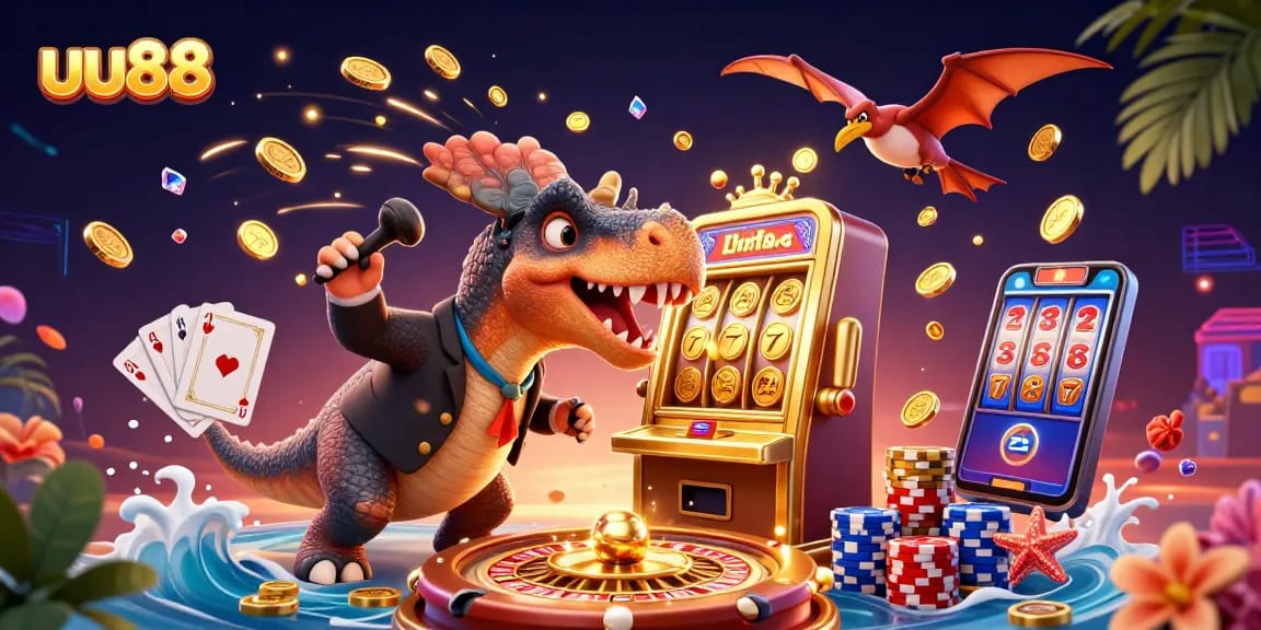 uu88 slots scene with a pachycephalosaurus jackpot, sparkly coins, and a casino manager
