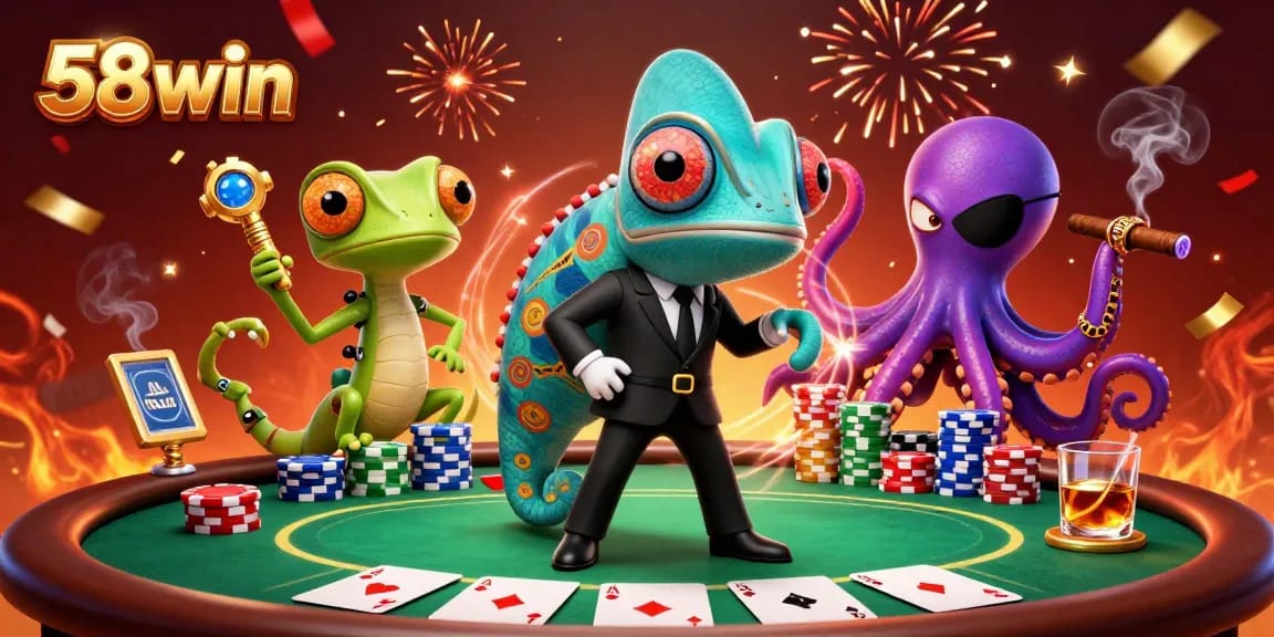 Engage with 58win's thrilling poker scene featuring colorful chips and characters.