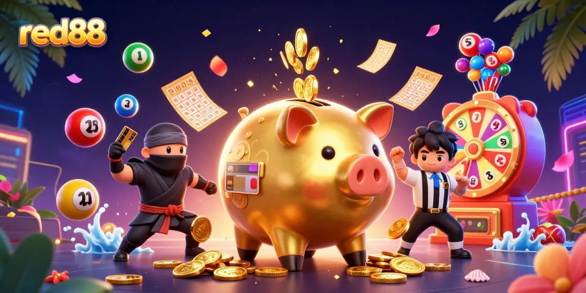 Experience thrilling moments with red88's vibrant 3D casino illustration full of excitement and dynamic action.
