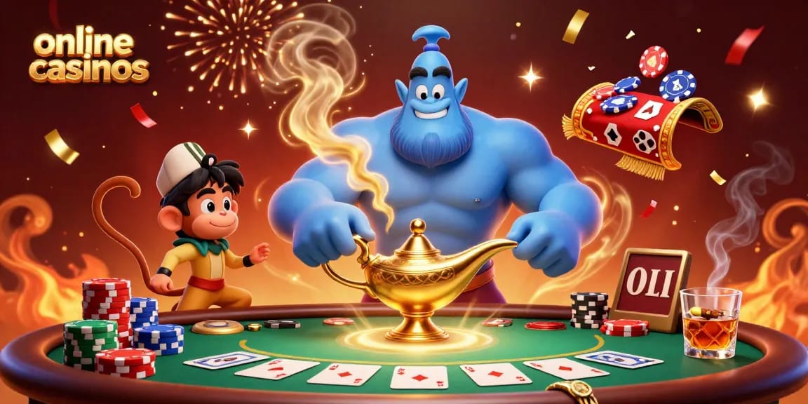 Engage with online casinos amidst a magical scene of a genie, chips, and poker excitement.