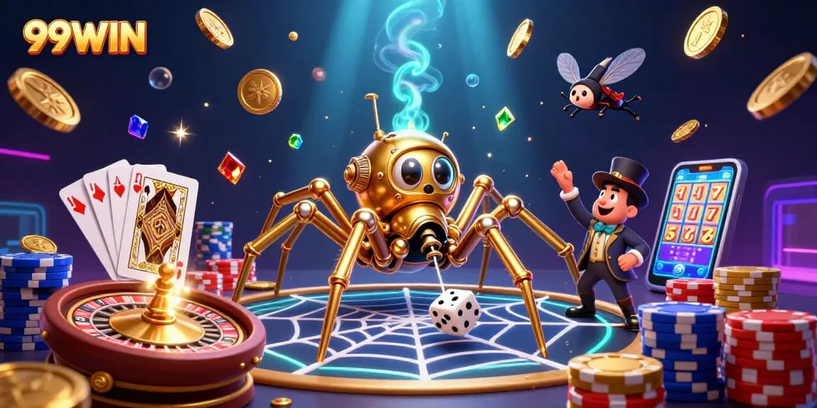 Winning at 99WIN with golden coins, poker chips, and a steampunk spider in a casino scene.
