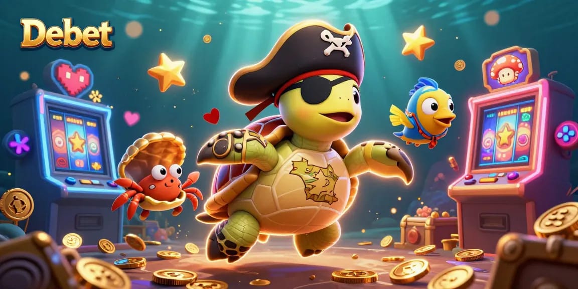 Engage with Debet's vibrant casino adventure featuring a pirate turtle leading the fun amid slot machines.