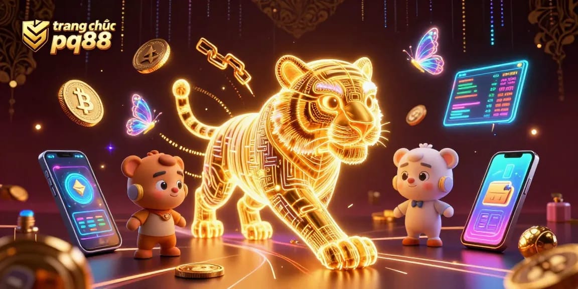 Experience the dynamic digital world of trang chủ pq88, showcasing golden energy characters amidst glowing cryptocurrency elements.