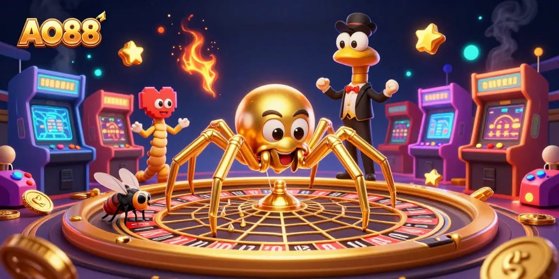 Experience the thrill of betting at AO88 with a whimsical spider, roulette wheel, and centipede croupier.