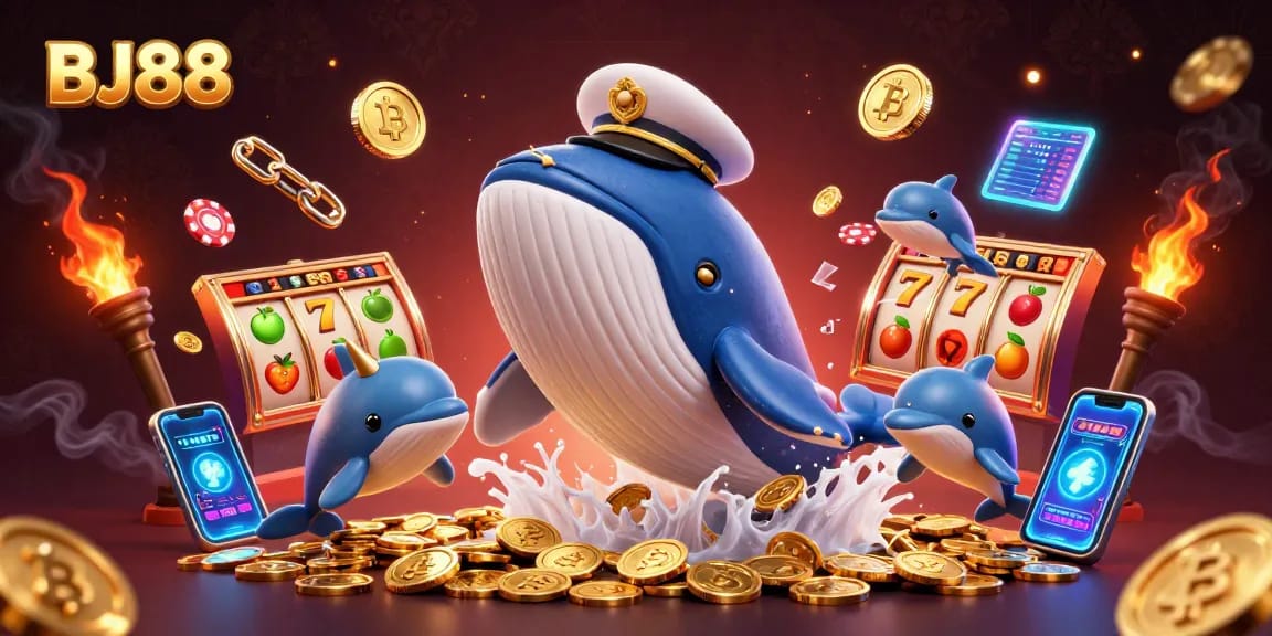 Experience the excitement of BJ88 with a vibrant 3D illustration featuring a whale, narwhal, and dolphins alongside casino symbols.