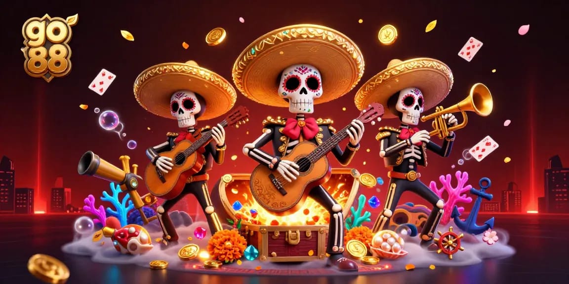 Join the excitement at go 88 with a vibrant illustration featuring skeletons celebrating casino gaming amid treasure and colorful elements.