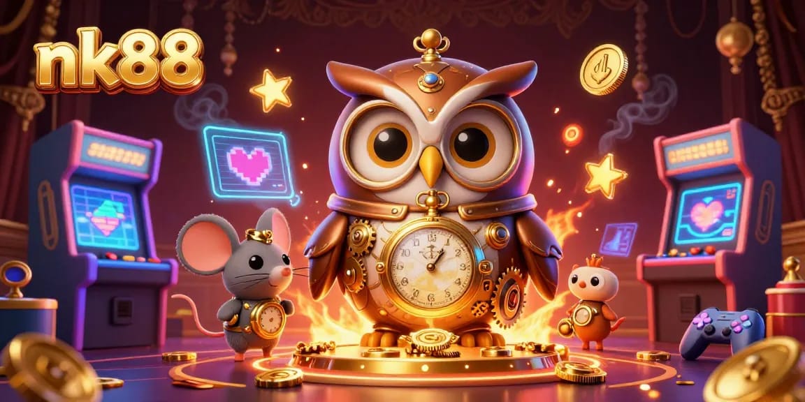 Win big at nk88 with a vibrant 3D casino scene featuring an owl and a clockwork mouse!