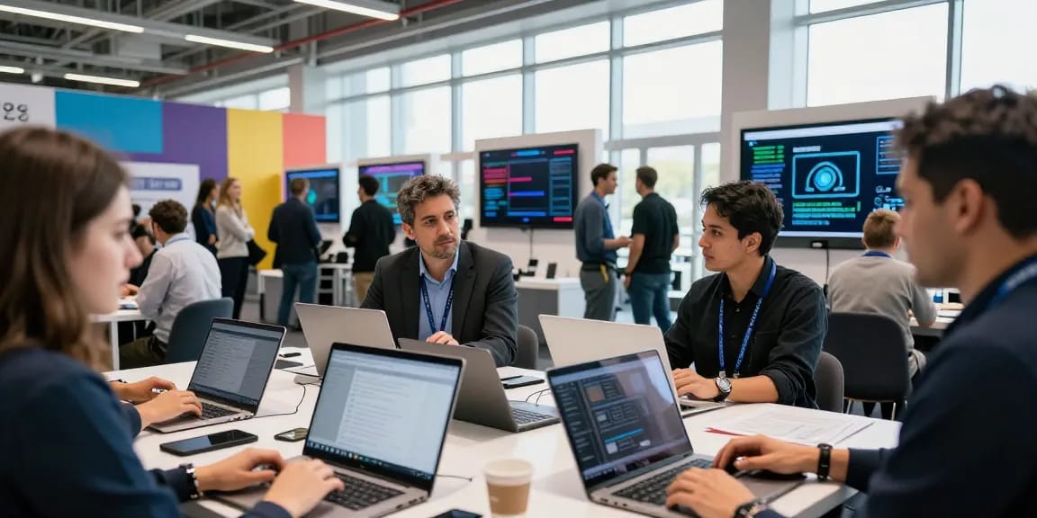 Blockchain 2026 conference scene with diverse professionals collaborating on innovative technologies.