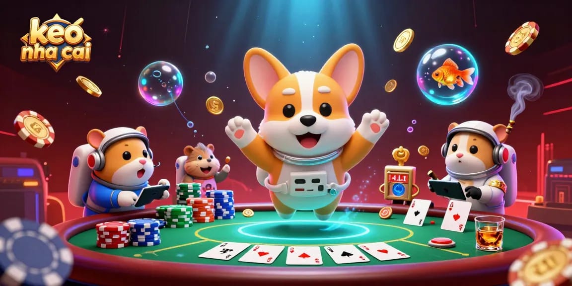 Engage with keo nha cai in a vibrant space casino scene with floating poker chips and charming characters.