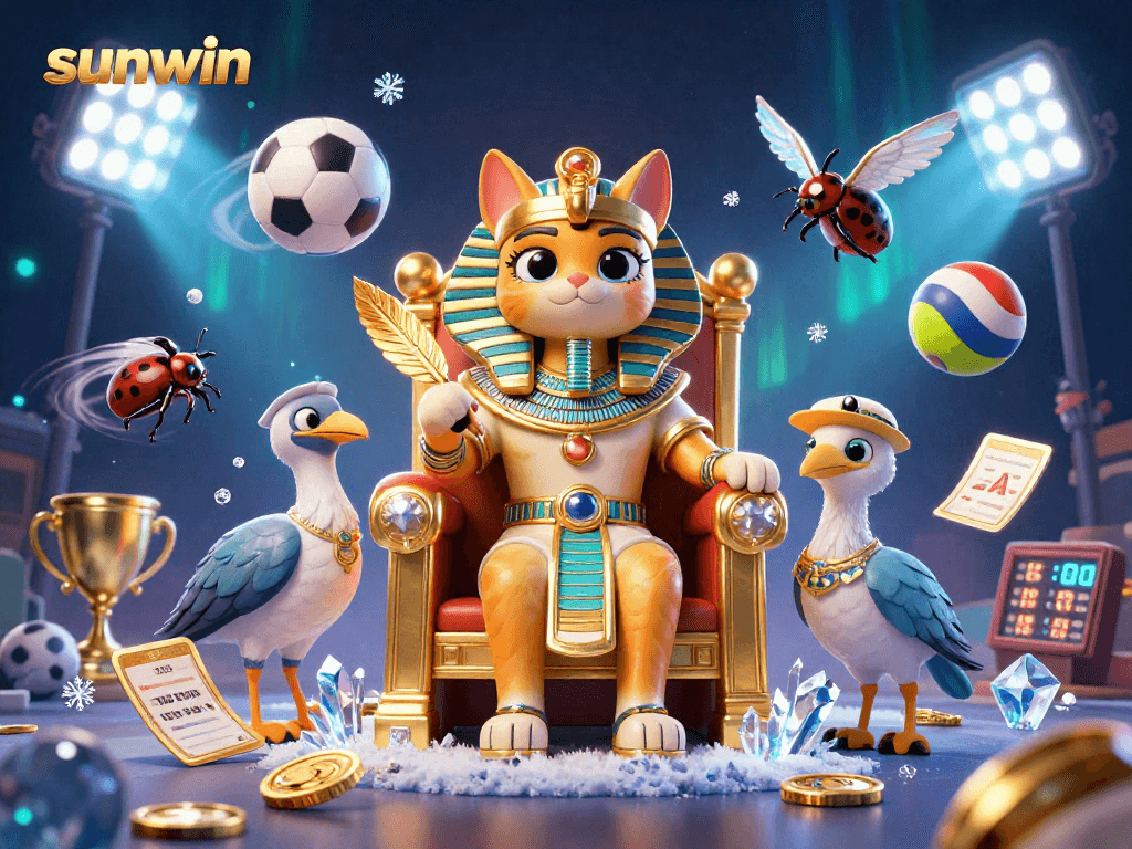 Engage with sunwin's exciting casino experience featuring a smiling Egyptian cat and dynamic sports betting elements.