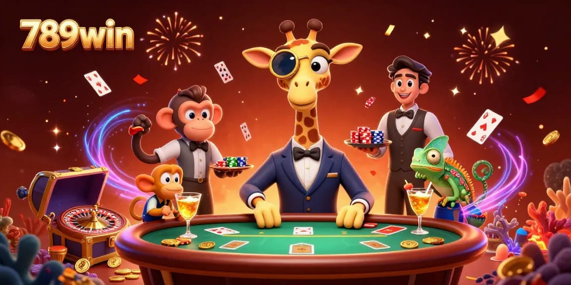 Play high-pressure games at 789win with a giraffe high-roller and fun characters in a vibrant casino scene.