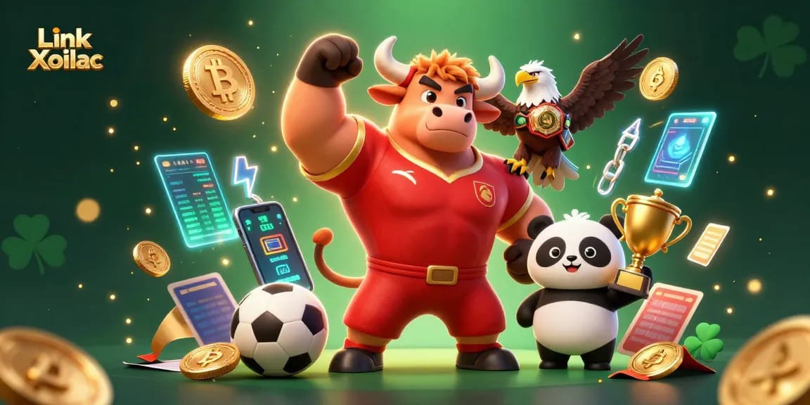 Win thrilling bets with Link Xoilac featuring sports elements and vibrant 3D mascots in action.