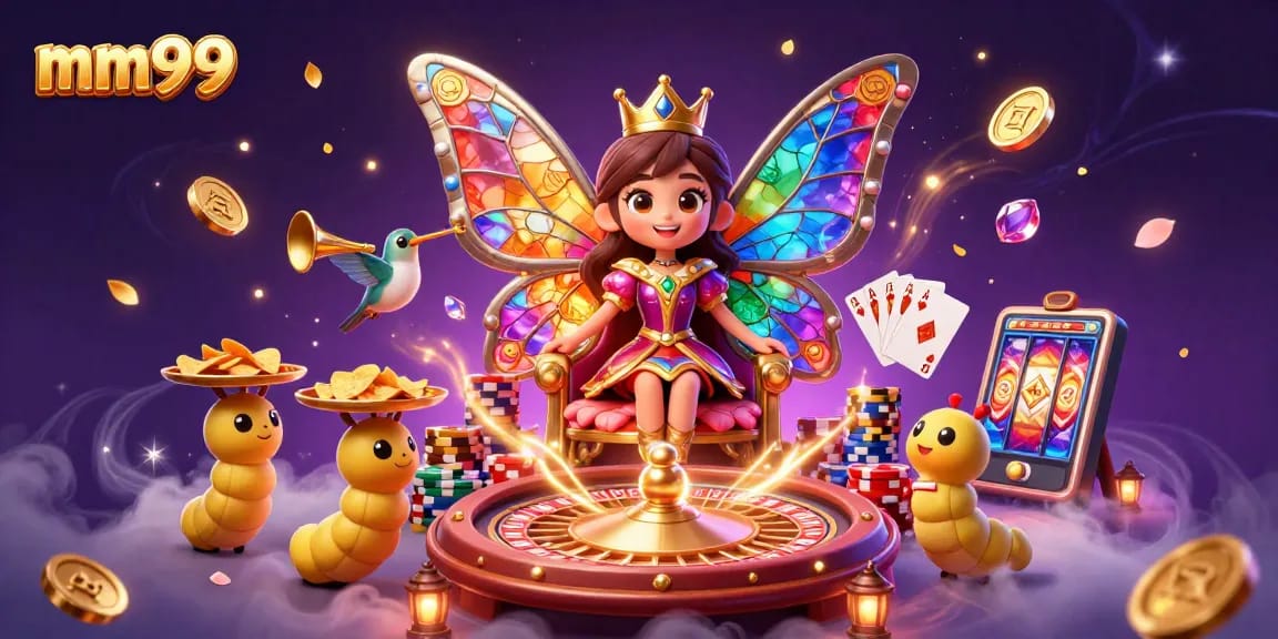 Engage with mm99's vibrant casino games featuring a butterfly queen, colorful chips, and dynamic energy.