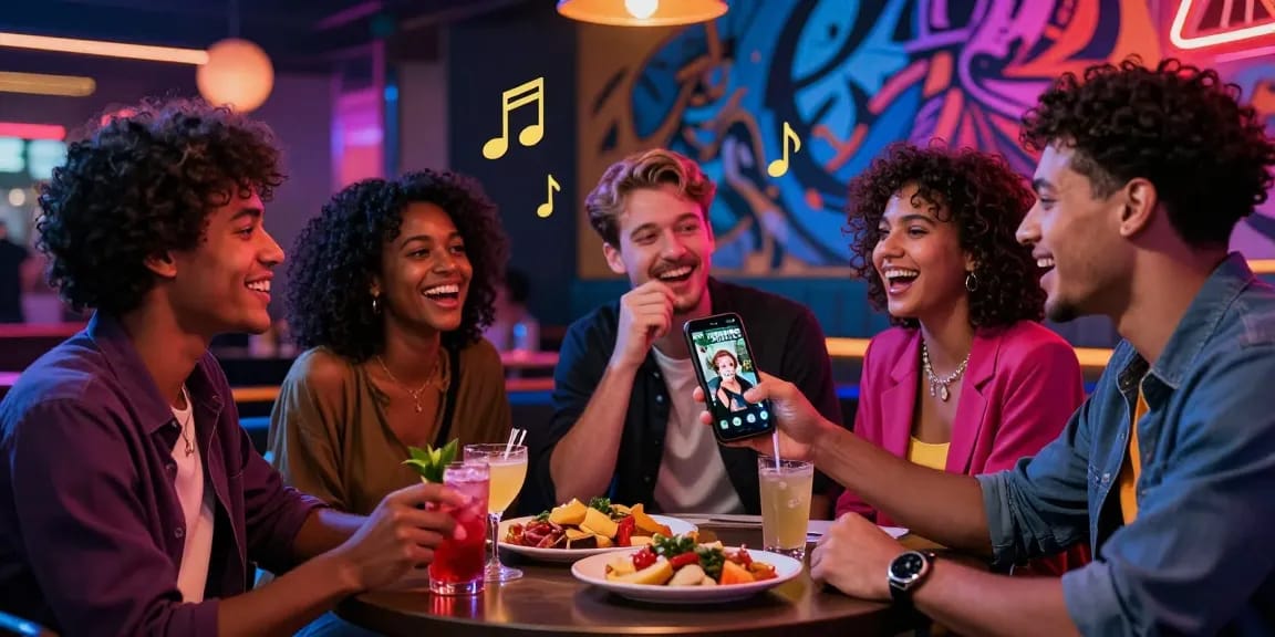 Young friends sharing NSFW content during a lively night out at a trendy urban lounge.