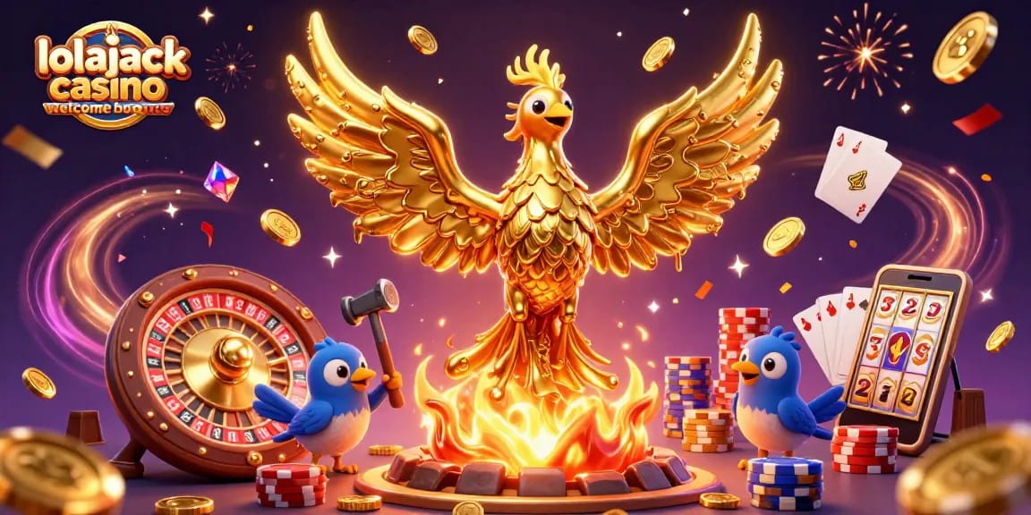 Experience the excitement of the lolajack casino welcome bonus with golden phoenix and casino elements.