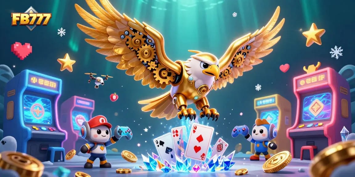 FB777 showcases a dynamic 3D illustration of a golden eagle surrounded by arcade games, embodying the excitement of online gambling.