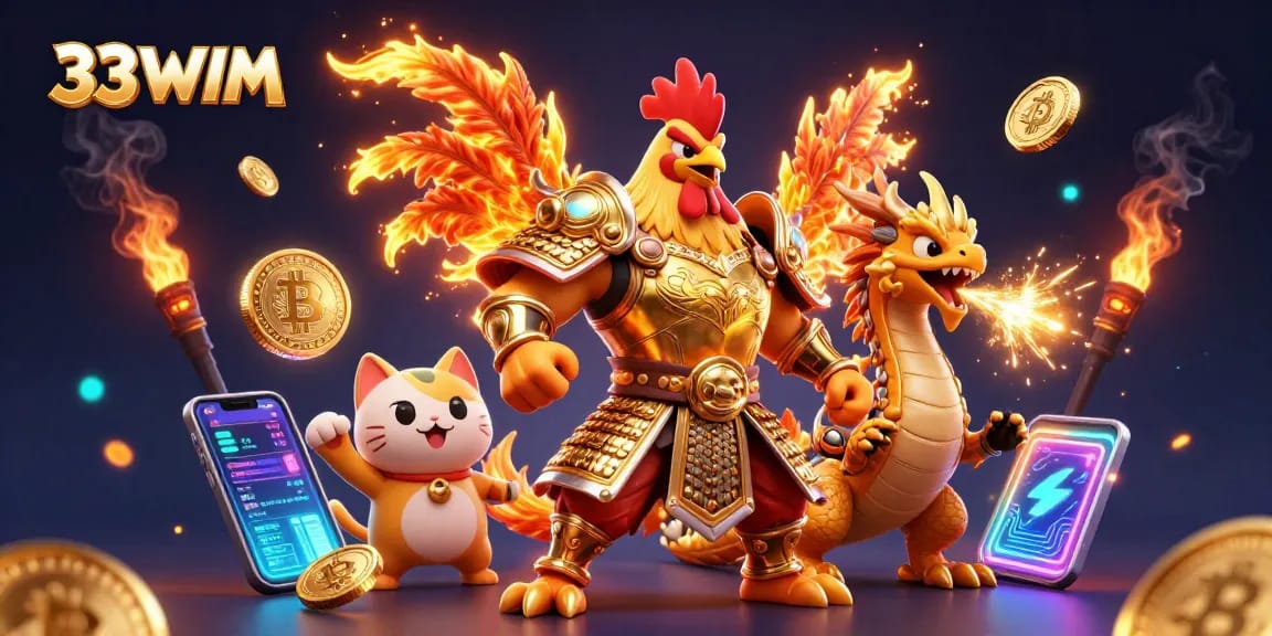 Experience thrilling gameplay with 33WIM, featuring a heroic rooster warrior in a vibrant casino battle scene.