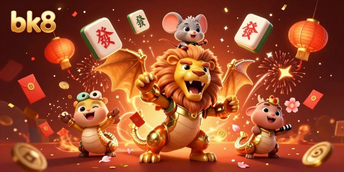 Win thrilling jackpots at bk8 with a dynamic scene featuring a golden chimera, mouse jockey, and festive elements.